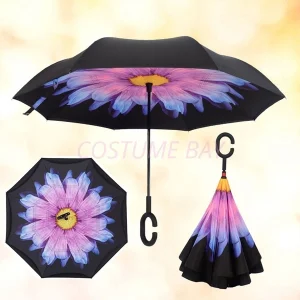 Windproof Upside Down Reverse Umbrella C-Handle Double Layer Inside-Out Inverted