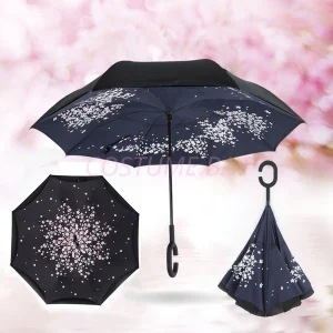 Windproof Upside Down Reverse Umbrella C-Handle Double Layer Inside-Out Inverted