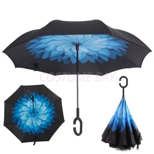 Windproof Upside Down Reverse Umbrella C-Handle Double Layer Inside-Out Inverted