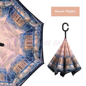 Windproof Upside Down Reverse Umbrella C-Handle Double Layer Inside-Out Inverted