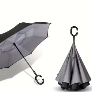 Grand parapluie inversé inversé avec poignée en forme de C, coupe-vent double couche-